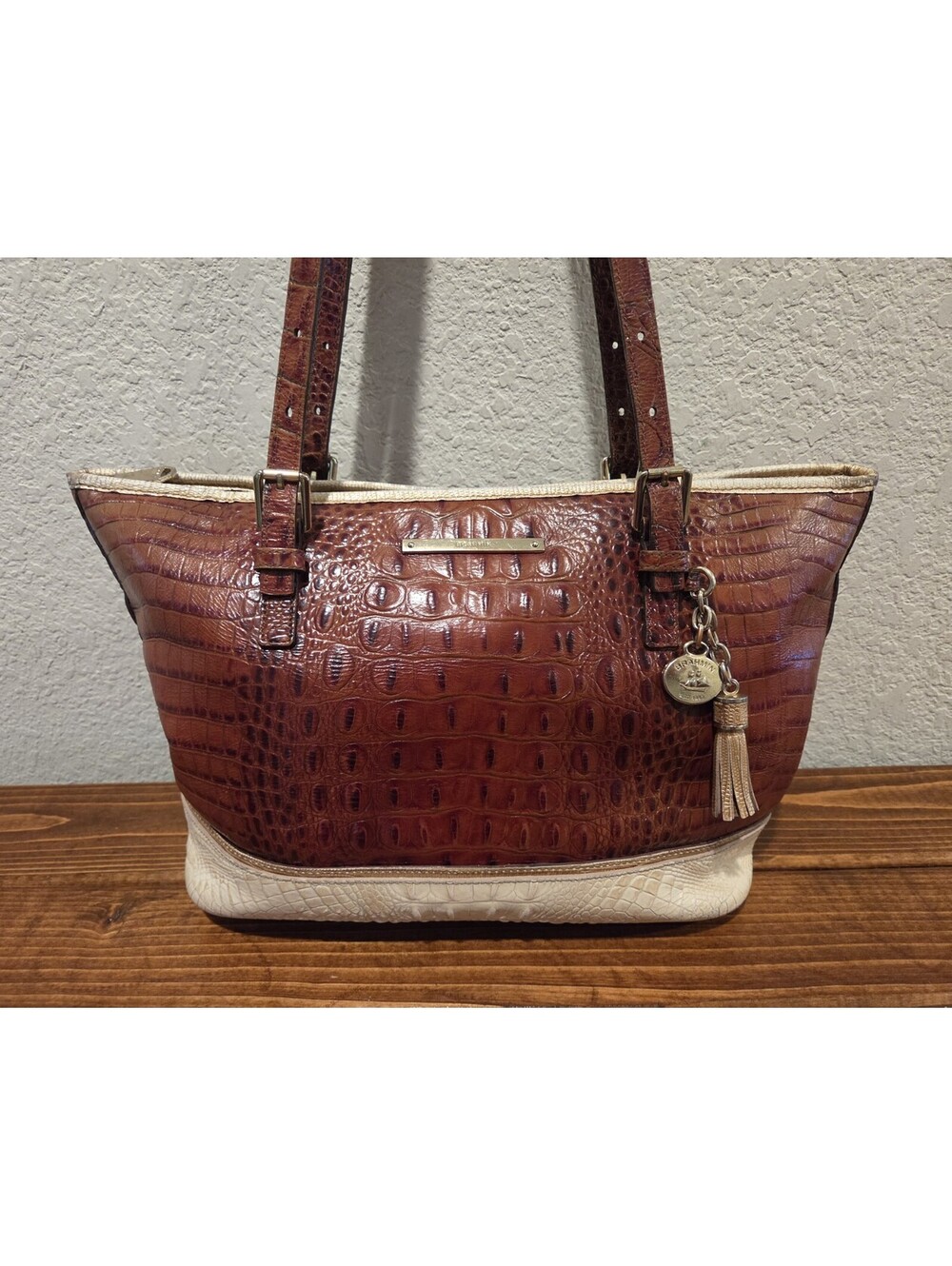 Brahmin Medium Asher Two-Tone Melbourne Leather Tote Pecan Pearl Tassel